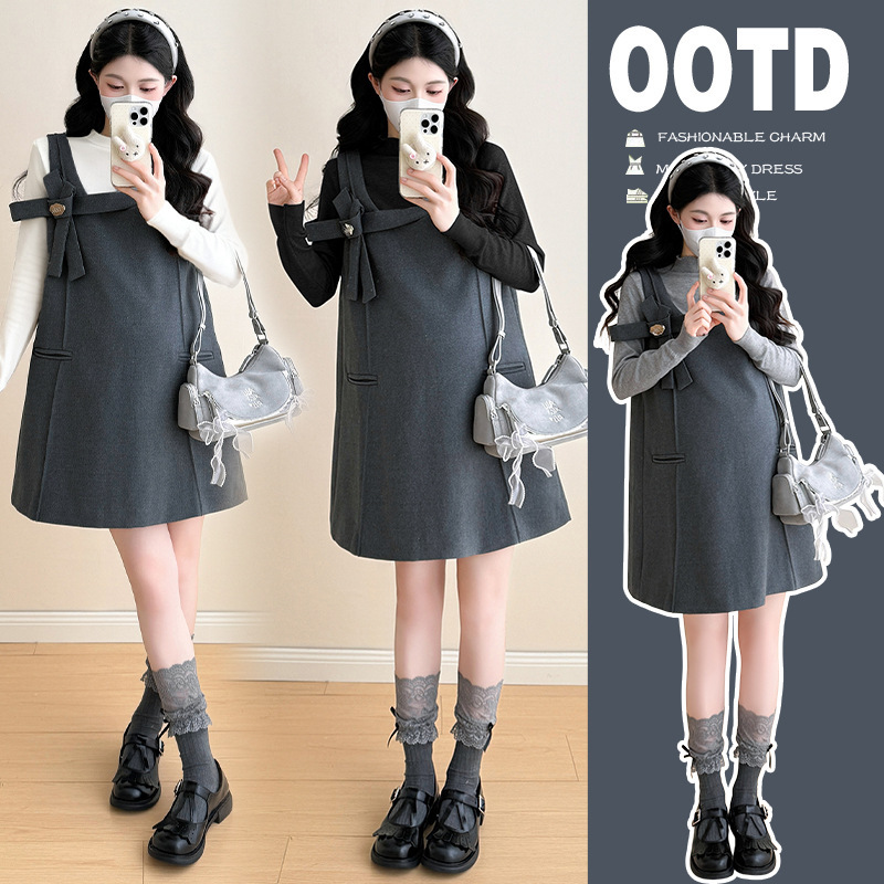 2025 Pregnant Women Autumn Clothing Plus Size New Vest Dress + Bottoming Shirt Set Fashion Back Maternity Set