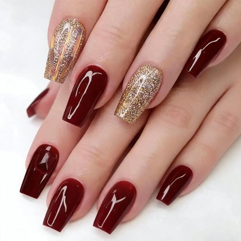 El comercio exterior brilla vino rojo desgaste de uñas europeas y estadounidenses viento tridimensional perforación de uñas falsas 24 piezas de uñas al por mayor