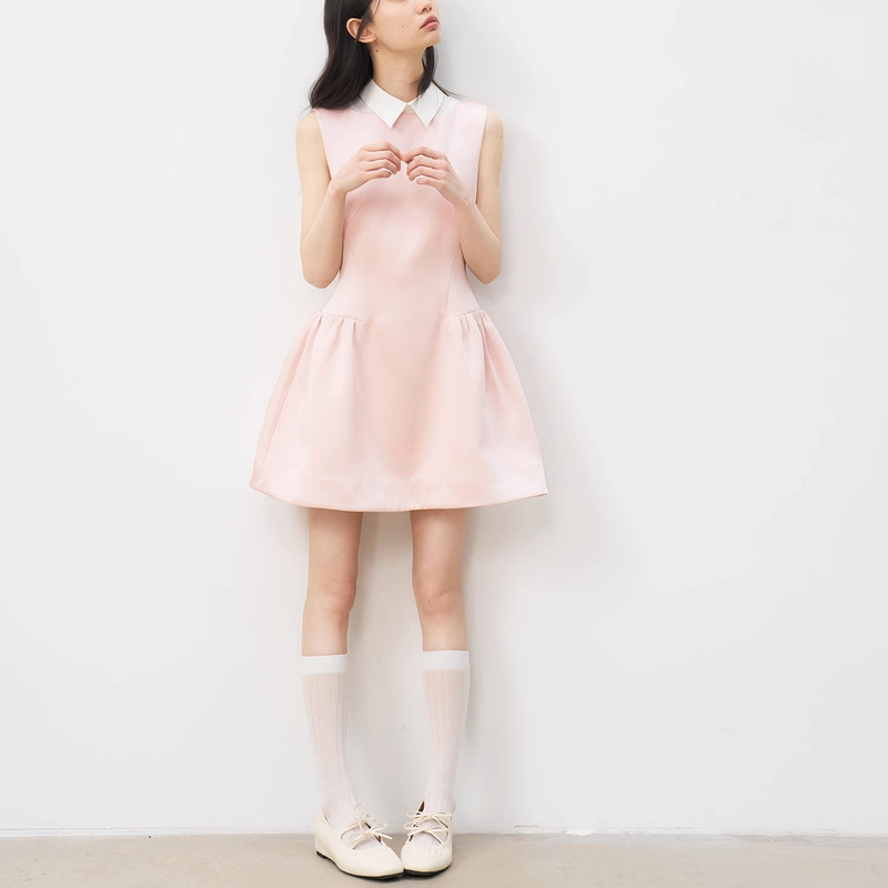 Light Pink Glossy Satin Vest Dress Women's Summer Waist Shirt Collar Sleeveless Fake Two-Piece Skirt