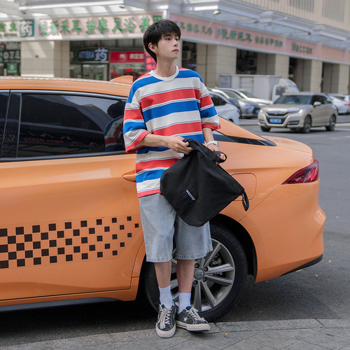 180G Heavyweight Striped T-Shirt for Men | Summer Trendy Brand, Japanese Preppy Style, Loose-Fit Half-Sleeve Tee for Guys