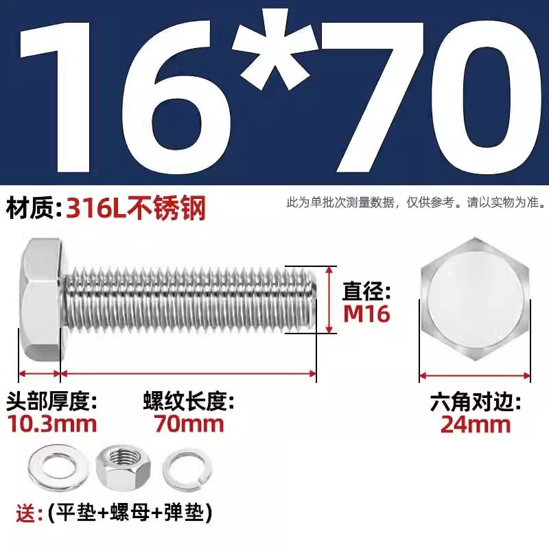 316L acero inoxidable perno hexagonal macho conjunto de tuerca de tornillo conjunto de cojín elástico plano completo M6M8M10M12-M20 image 184