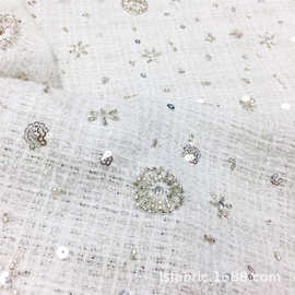 粗纺 小香风编织面料 珠管绣花工艺 男女装大衣外套布料舞台服