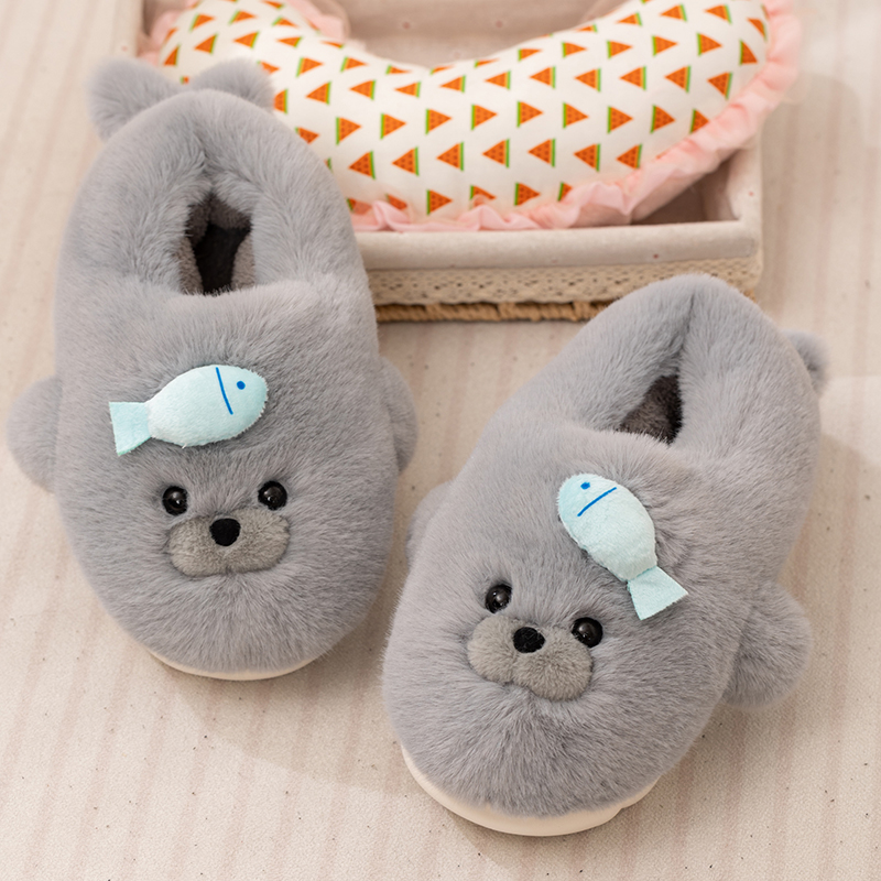 Cross-border lindas zapatillas de algodón de foca de invierno para mujeres bolsas de tacones para parejas zapatos cálidos de peluche para niños