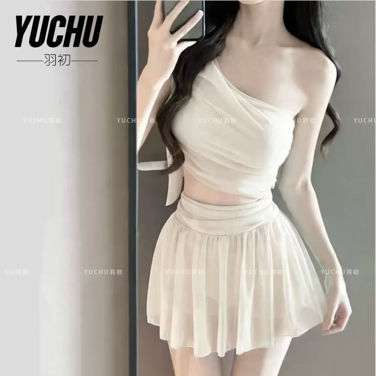 网红单肩性感芭蕾分体绑带露背抹胸聚拢bikini泳衣温泉度假比基尼