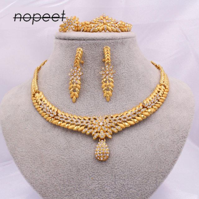 NOPEET Dubai Jewelry 24K Gold Plated Jewelry Set 24K Gold Necklace Earrings Bracelet Ring Jewelry Set