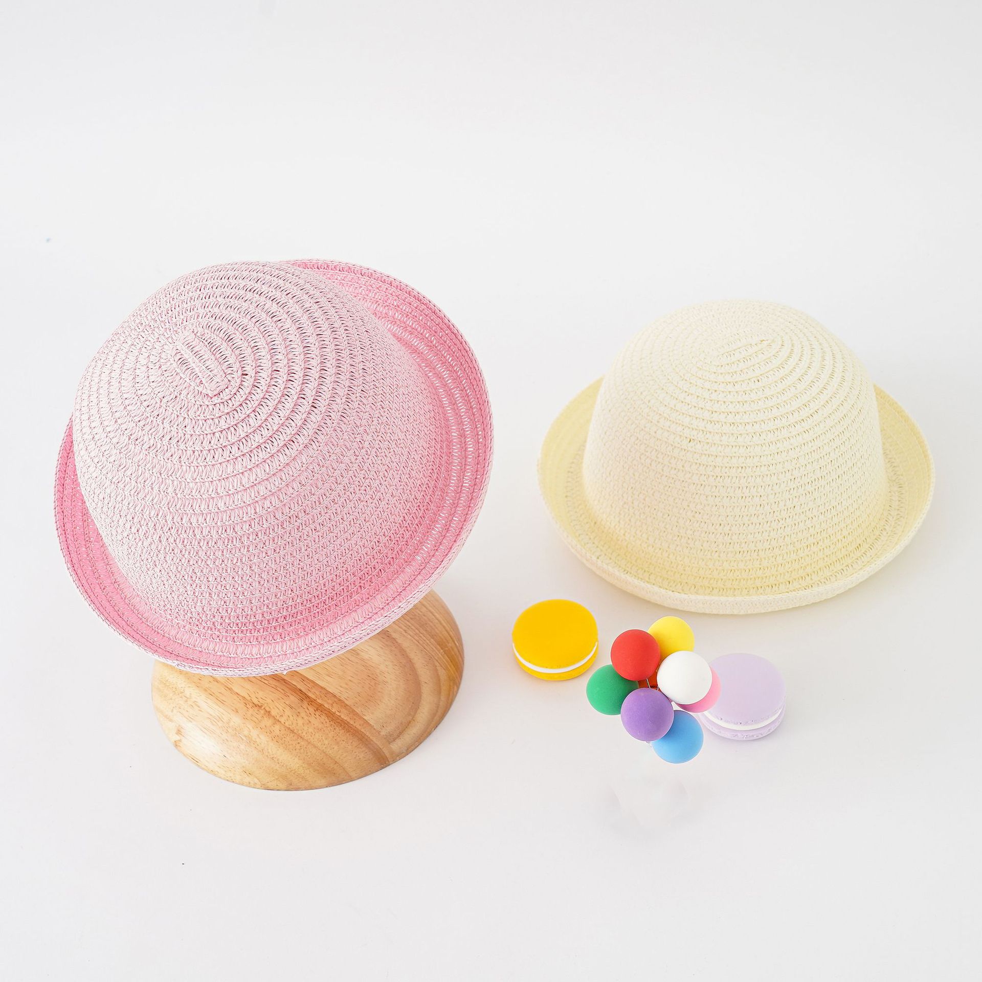 2023 nueva sombrilla de viaje pequeña bola colorida color sólido tejido fresco sombrero de sol sombrero de paja de verano