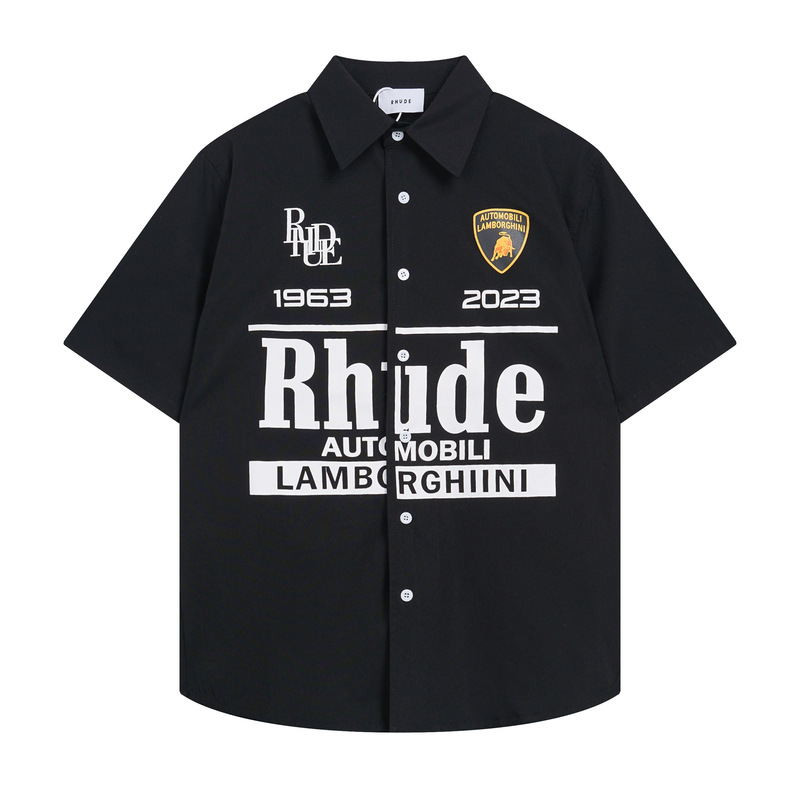 European and American Summer New Rhude Joint Lapel Short Sleeve Shirt Letter Print Men's and Women's Casual Top Trendy Shirt