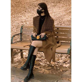 新款2025秋冬新款毛呢外套韩系高级感卡其色海军领呢子大衣女