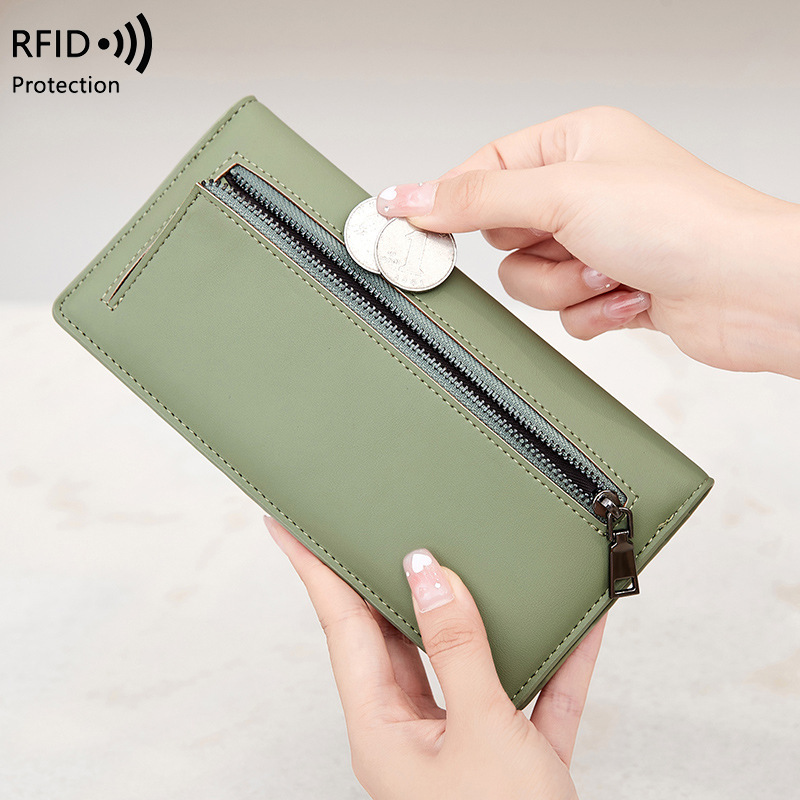 クロスボーダー新型RFID盗難防止ブラシレディース財布PU純色超薄クレジットカードカバンファスナー付きロングタイプ財布|undefined