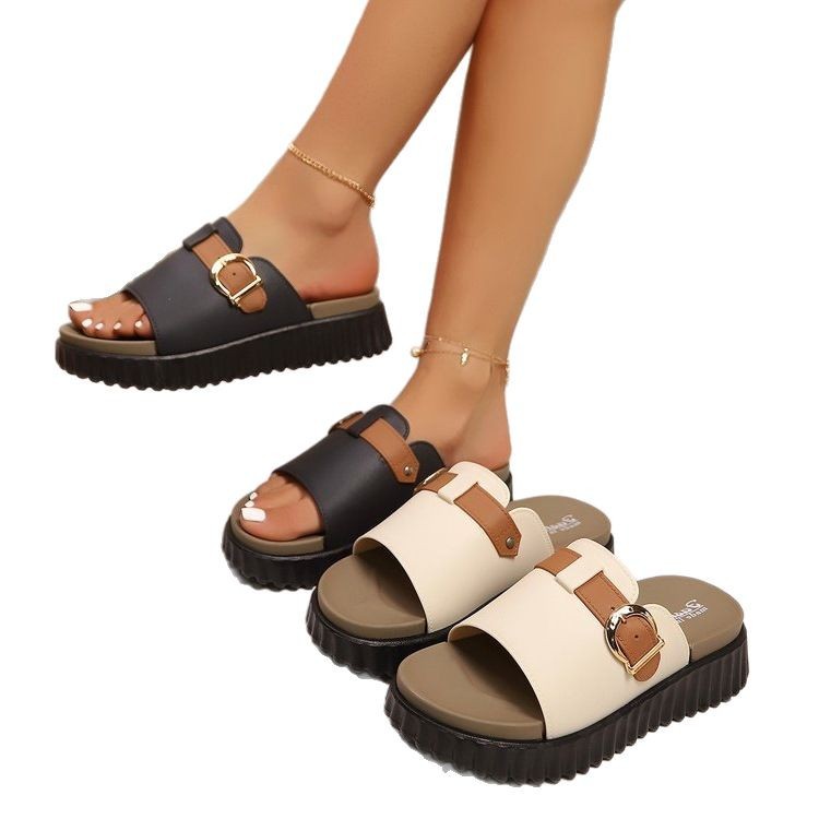 Soft And Bouncy Flip Flops With Contrasting Colors, Featuring A Belt Buckle Detail, Flat Casual Open Toe Sandals_vogvips.com