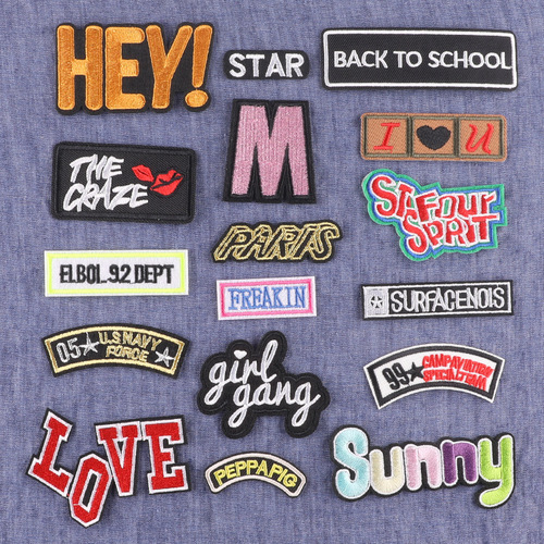 Computerized embroidery logo cartoon letter badge label clothing decoration accessories hat and cap handmade patch with backing adhesive embroidery fabric sticker