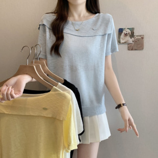 2025 Summer New Style Fat mm Plus Size Women's Pure Desire Sweet One-Shoulder Versatile Thin Sweet Age-Reducing Knitwear