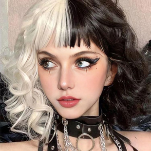 Short Curly Wig for Women, Black and White Witch Kuira Cosplay Style, Full Head Wig, Same Style as Kuira