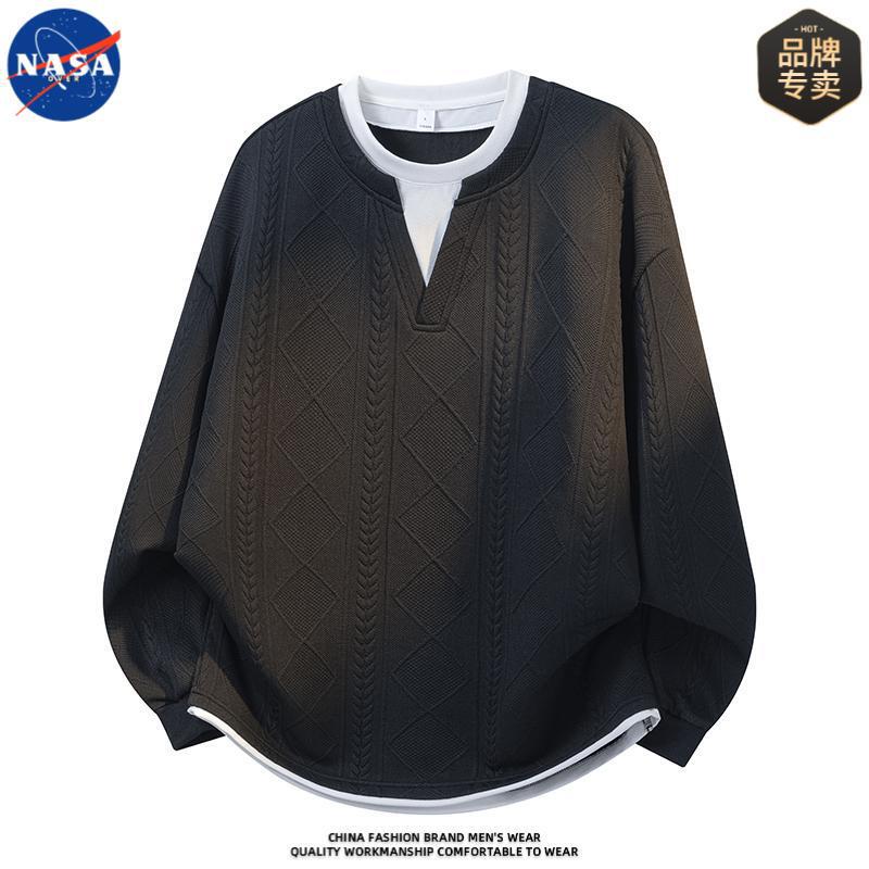 Nasa Co-Branded High-Quality Fake Two-Piece V-Neck Sweatshirt for Men, Spring and Autumn Casual Versatile Trendy Top