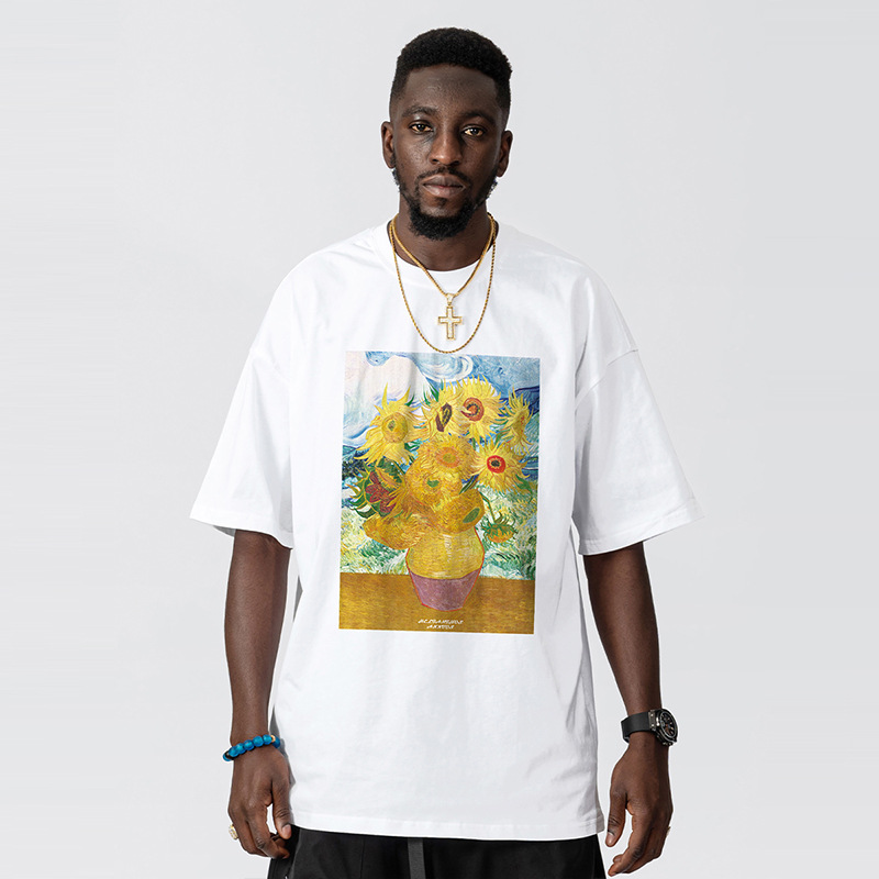 Mode américaine peinture à l'huile à manches courtes t-shirt hommes demi manches coton ample oversize Couple costume T-shirt_voghion.com
