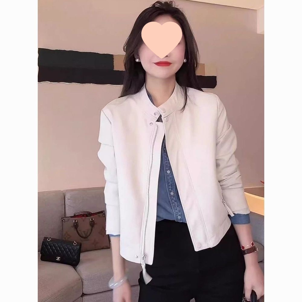 European Style Stand Collar Fashion Leather Short Jacket for Women Spring New Casual Temperament Motorcycle Jacket Top