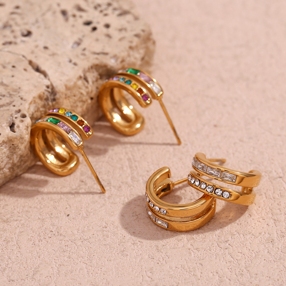 Double C-shaped Zircon Inlaid Stainless Steel Earrings