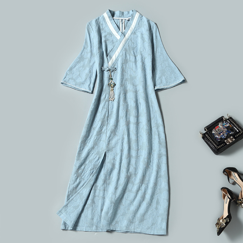 2021 national wind summer cotton flower blue V-collar Zen tea clothing Hanfu national style big sleeve dress