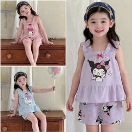 ku洛米女童吊带睡衣两件套夏季薄款小女孩美le蒂短裤家居服套装