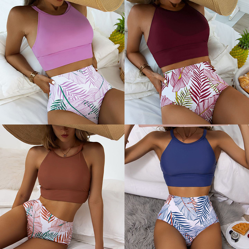 Bikini dividido para mujer, chaleco de cintura alta y pantalón con estampado, nuevo estilo Amazon