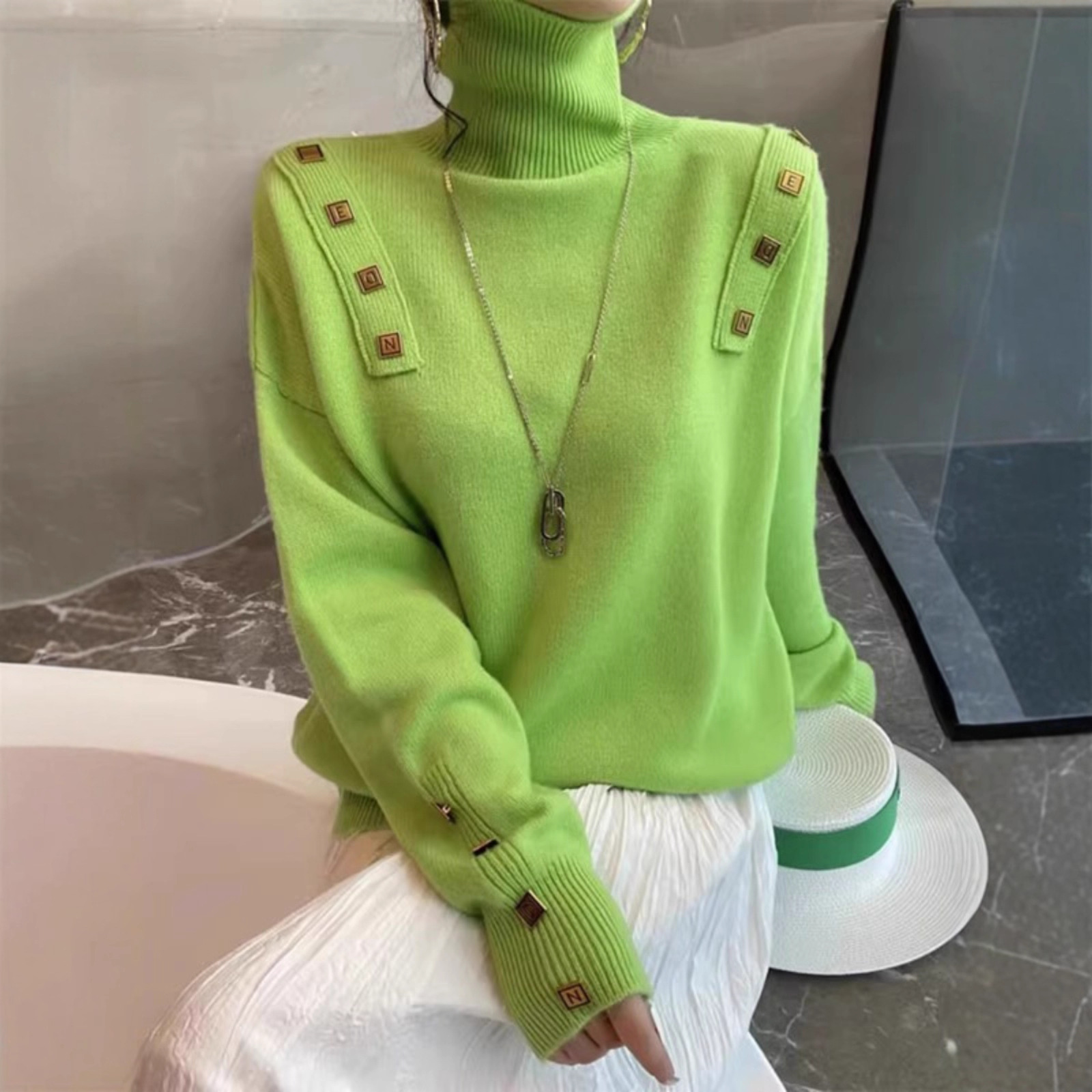 Turtleneck Shoulder Sleeve Splicing Button Knit Sweater Pullover for Women 202 Autumn and Winter Fashionable Versatile New Style