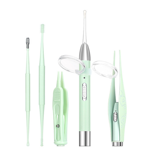New rechargeable light-emitting ear spoon set children's visible ear tweezers booger clip double-ended silicone ear spoon wholesale