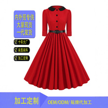 亚马逊跨境复古连衣裙女中袖2025新款娃娃领显瘦赫本秋冬大摆裙子