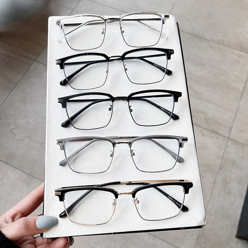 千艾メガネフレームレトロ眉毛金属ハーフフレームブルーライト防止メガネ角型素顔メンズビジネス近視鏡