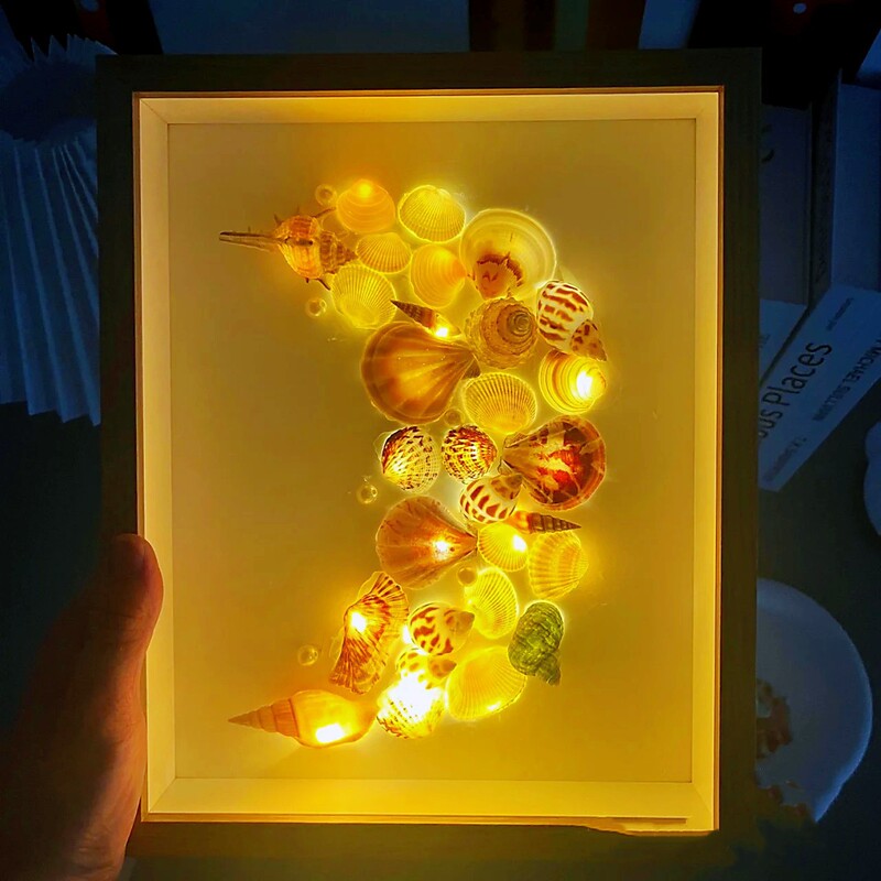 Shell Conch Handmade DIY Photo Frame Painting Night Light Bedroom Hanging Painting Luminous Art Painting Decorative Painting Shell Photo Frame