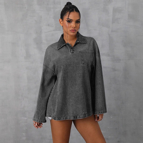 T--65608#Women's clothing European and American INS new loose casual long-sleeved denim top