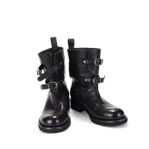Bốt nữ da bò cổ thấp mũi tròn đế dày gót 3-5 cm — màu đen