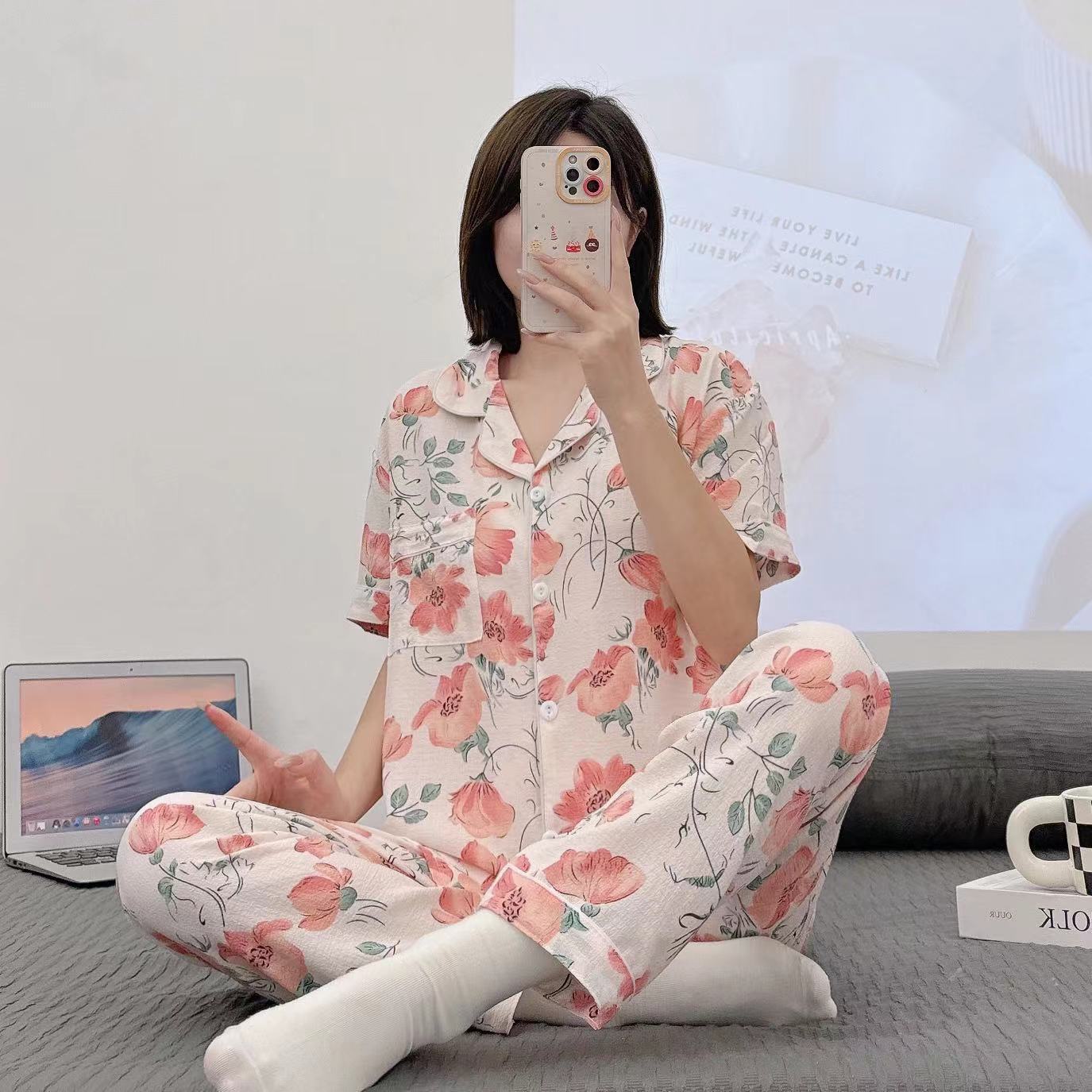 Pajamas de espuma tejidos de verano de algodón pantalones largos de mangas cortas ropa para el hogar de verano delgada de algodón conjunto de dos piezas