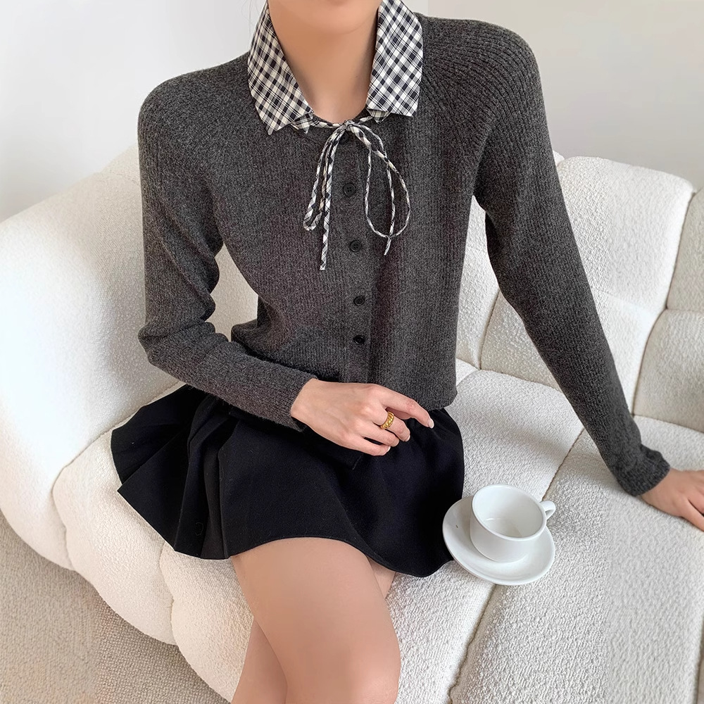 홍 셔츠 2024 가을과 겨울 새 옷깃 스웨터 니트 카디건 기질 디자인 센스 레이스 스웨터 여성 탑 코트