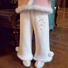 秋冬季2025宽松童装洋气收腰遮肉小童儿童加绒保暖国风休闲阔腿裤