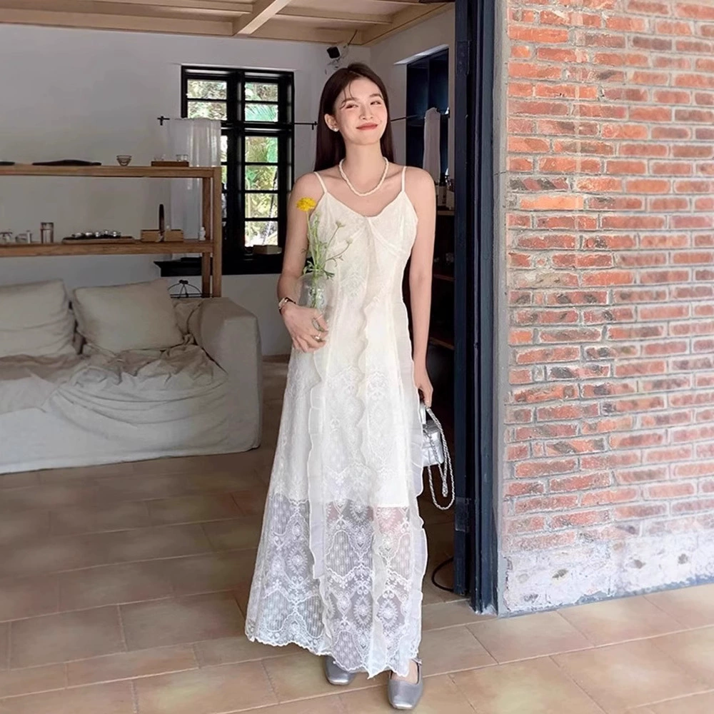 Корейское платье-миди с кружевной вышивкой, крючком, на бретелях, летнее, женское, нежное, элегантное.