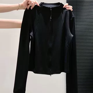 大码德绒双拉链立领长袖T恤女秋冬新款修身显瘦遮肉外穿保暖上衣