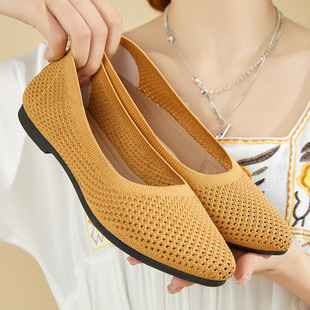 Single Shoes 2025 Summer Pure Color Pointed Toe Flats Bottom Casual Breathable Women's Cut Out Knitted Shoes Breathable Foot Care