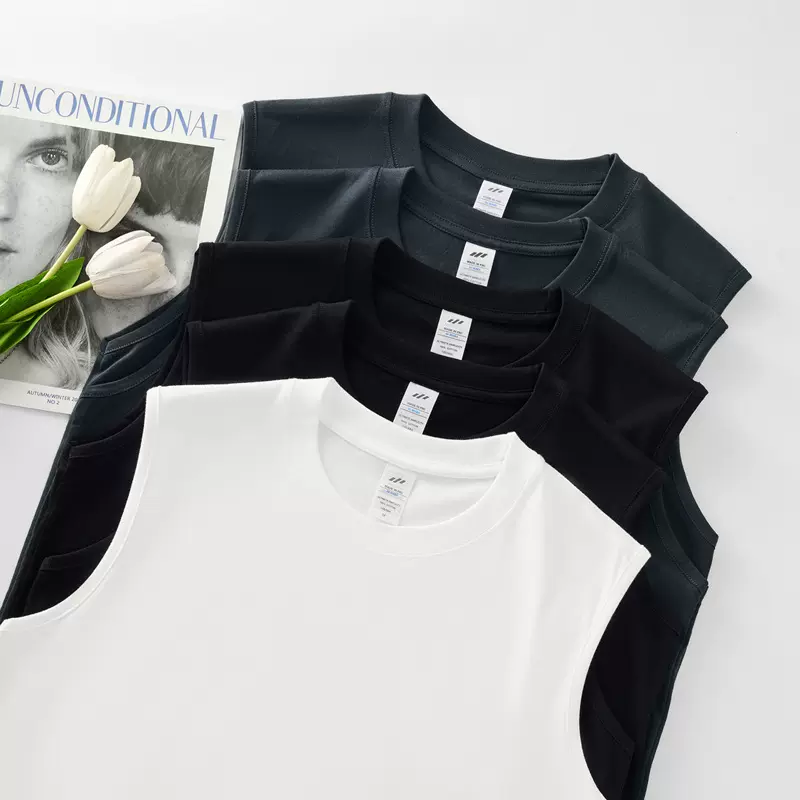 日系重磅230g纯棉无袖背心T恤女纯色宽松夏季潮牌休闲运动健身男