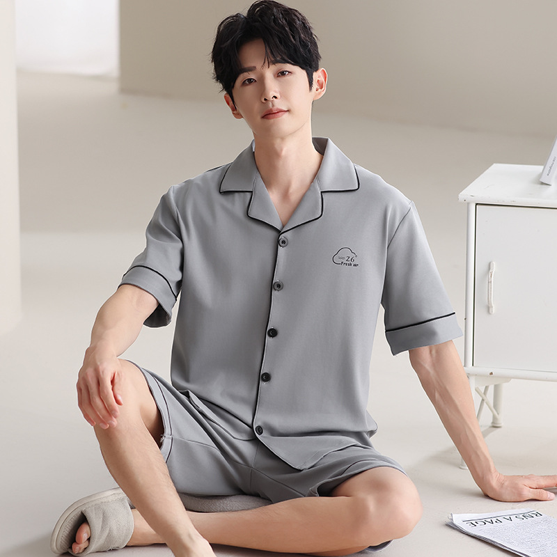 모달 잠옷 여름 반팔 얇은 남성 패션 솔리드 컬러 플러스 사이즈 청소년 홈웨어 세트 외부 착용 가능