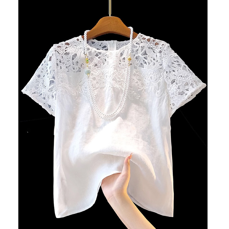 Heavy Lace Linen Half-Sleeve Round Neck Top for Women, Unique and Stylish Hollow-Out Versatile Loose Shirt