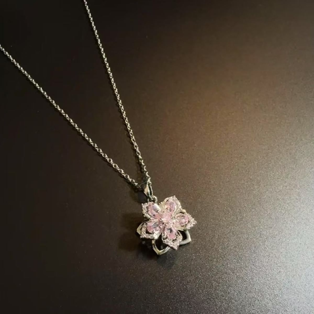 Rotatable Vintage Silverbloom Necklace for Women, Pink Bauhinia Flower Pendant with High Aesthetic Value