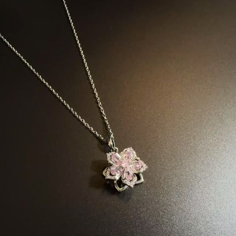 Rotatable Vintage Silverbloom Necklace for Women, Pink Bauhinia Flower Pendant with High Aesthetic Value Rotatable Vintage Silverbloom Necklace for Women, Pink Bauhinia Flower Pendant with High Aesthetic Value