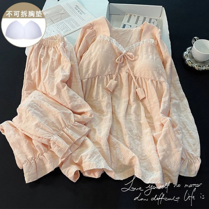 Pijamas de Manga Larga para Otoño e Invierno con Relleno en el Pecho para Mujer, Estilo Coreano 2025, Lindo Traje con Flores Pequeñas, Ropa de Dormir para Estudiantes