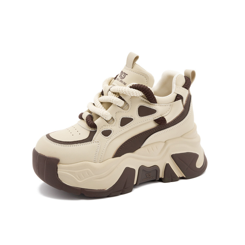 Genuine Leather Sponge Cake Thick Soled Dad's For Women In Autumn 2024, New Round Toe Lace Up Inner Height Increase_voghion.com