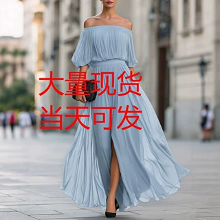 跨境速卖通新款欧美黑色雪纺开叉一字领时尚显瘦飘逸大摆裙10674