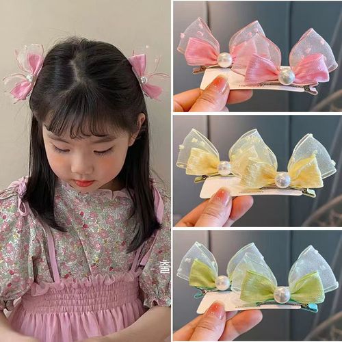 Korean small and fresh children's hairpin mesh bow pearl hairpin side clip cute baby hair-free headwear