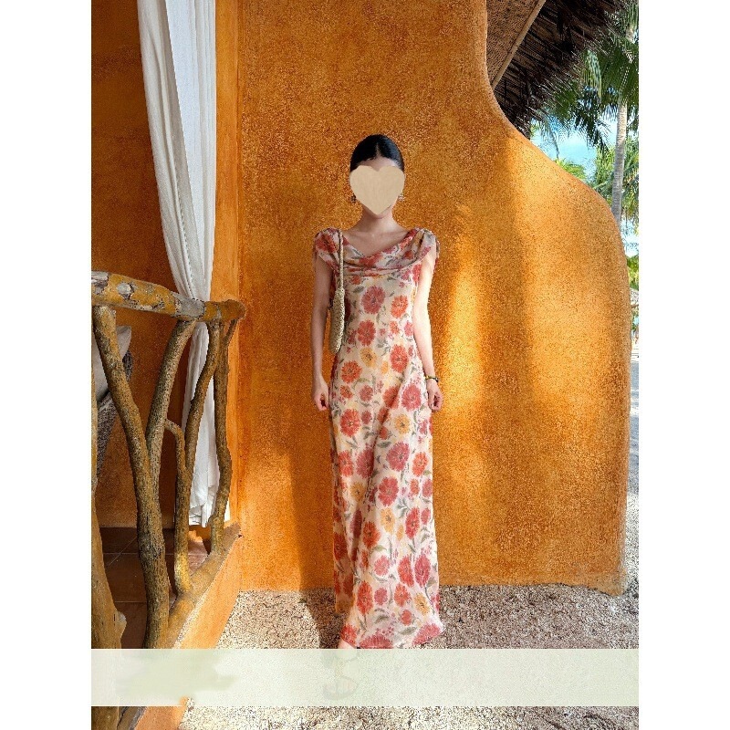 Lu Qingyi Original【Dancing Beads】Vintage Printed Beaded Chiffon Dress for Women, Summer Backless Diagonal Cut Draped Collar Long Dress