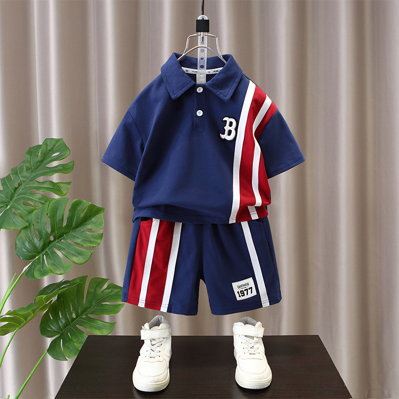 7211 Traje de verano para niños 2025 nueva ropa para niños, ropa delgada, camiseta de manga corta POLO de dos piezas 3