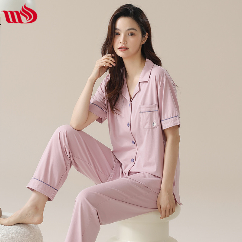 睦隆世家纯棉睡衣女新款爽肤棉夏天休闲气质感短袖长裤家居服套装