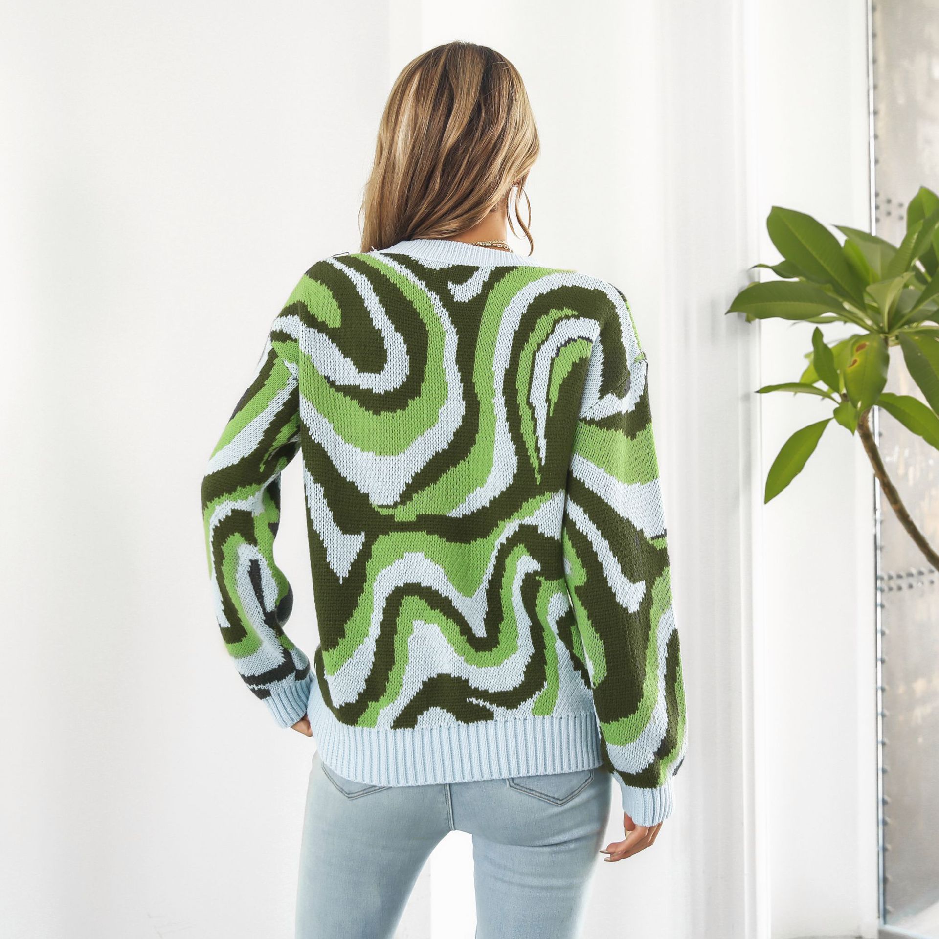 Tie Dyed Brocade Sweater Women Loose Autumn Winter Long-Sleeved Casual Knitwear Sweater